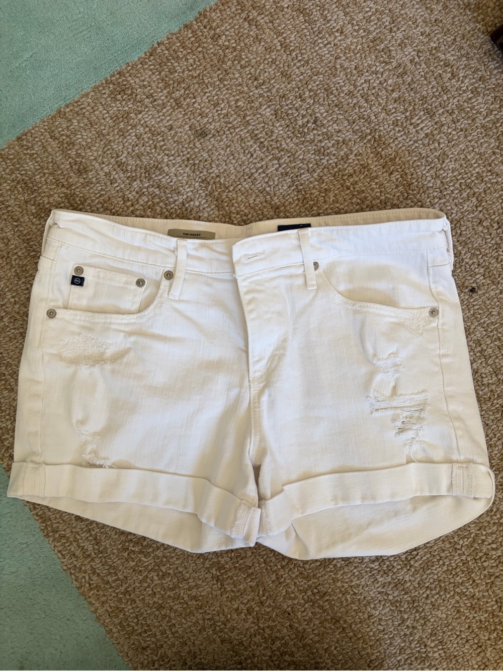AG Adriano Goldschmied White Distressed Cuffed Denim Shorts